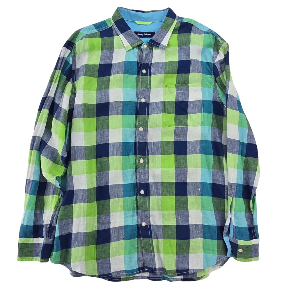 Tommy Bahama Plaid Button Down Shirt Mens XXL Green Blue 100% Linen Long Sleeve